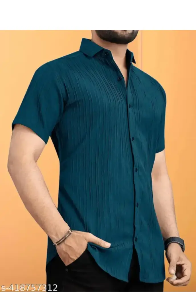 NIVICK Men Slim Fit Self Design Spread Collar Casual Shirt (M, Blue)