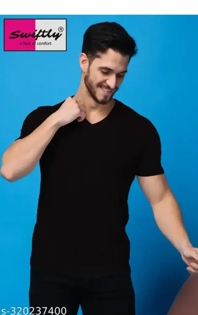 SWIFTLY Men's Solid Regular V-neck Black Tshirts