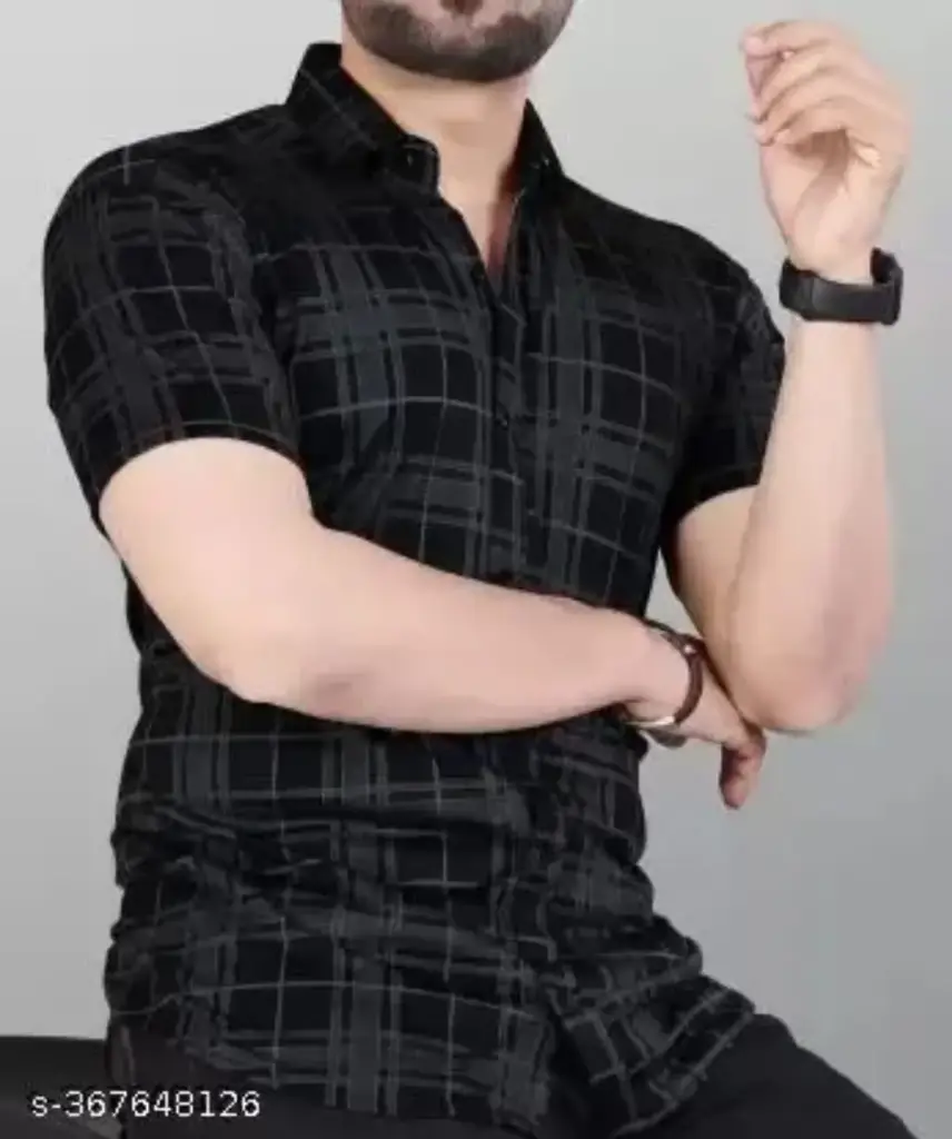 STI Men Cheacked Regular Spread Collar Black Shirt (S)